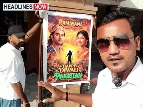 Ramayan poster put up in a Pakistan temple with people chanting Jai Shri Ram