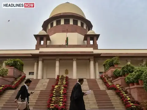 भारत के उच्चतम न्यायालय की इमारत की सीढ़ियों पर चलते हुए लोग।